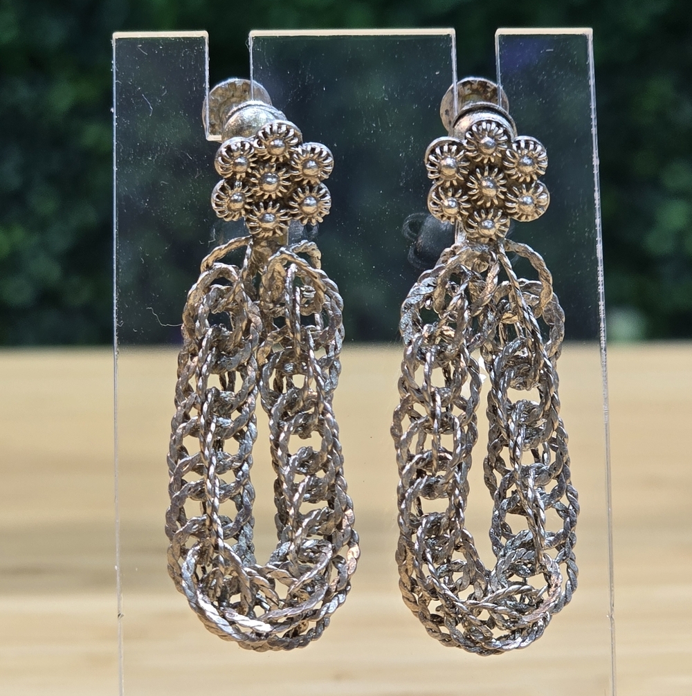 Antique Elegant Sterling Silver Floral Chain Earrings